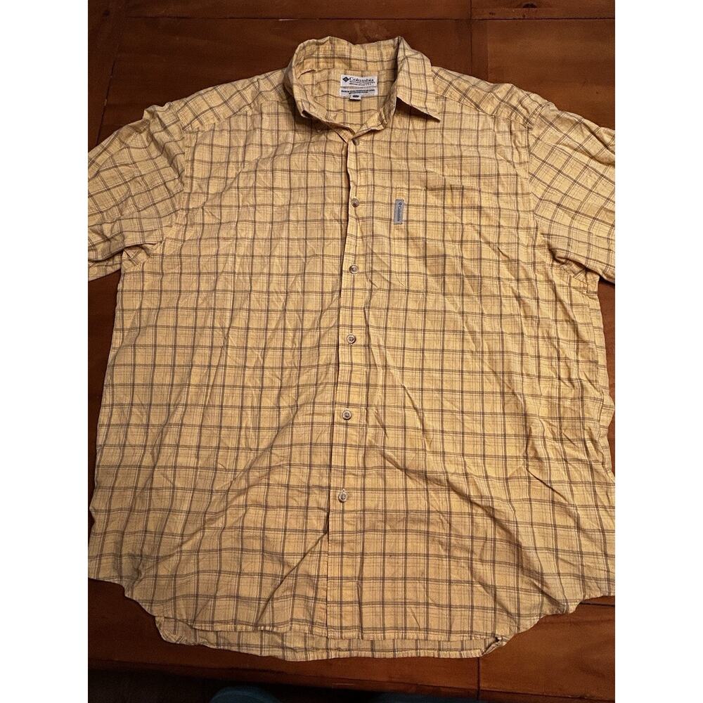 Columbia Shirt Mens XL Short Sleeve Yellow Plaid Button Down 100% Cotton